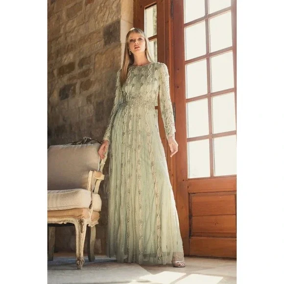 Mac Duggal NEW Embellished Mesh Long Sleeve A Line Gown Nude Sage $1,798 Size 10 - Picture 2 of 16